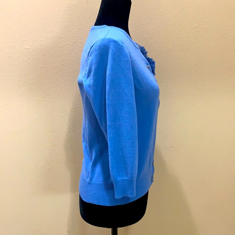 NY & Company 3/4 Sleeve light blue cardigan with flower appliqués on the left. - Picture 2 of 8